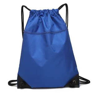 Lightweight blue nylon drawstring backpack with zipper pocket and sturdy corners for daily use.