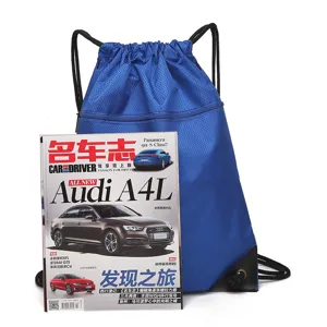 Lightweight blue nylon drawstring backpack, casual sports gym sack and portable travel bag.