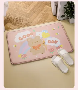 Cute pink cartoon bear doormat with rainbow and clouds, anti-slip absorbent floor mat detail.