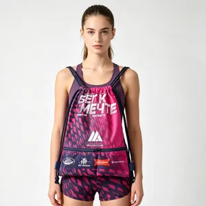 Lightweight drawstring backpack with pink purple geometric pattern and front zipper pocket.