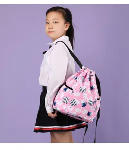 Sac à dos rose cordon avec chat mignon, cartable léger étanche en tissu oxford.