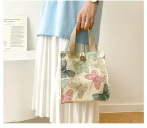 Japanese canvas tote bag, cute butterfly print lunch bag with handles, casual daily handbag.