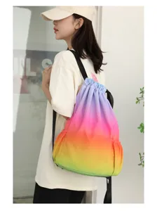 Waterproof gradient drawstring backpack for women men, casual nylon travel sports gym bag.