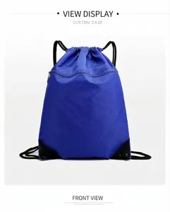 Blue drawstring backpack with diamond grid fabric and black straps for outdoor use.