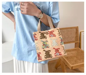 Japanese style canvas lunch bag cute rabbit pattern tote handbag for women casual daily use