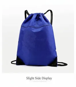 Blue drawstring backpack with front zipper pocket, lightweight casual sport gym sack.