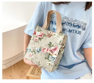 Vintage floral canvas tote bag, cute small lunch handbag for women, daily casual travel purse.