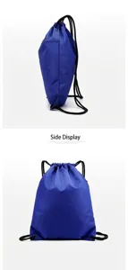 Blue grid drawstring backpack, lightweight portable gym sack for outdoor sports and storage.
