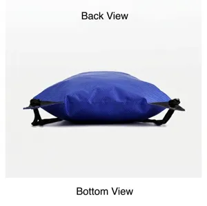 Detailed view of the blue drawstring backpack, showing fine fabric texture and sturdy cords.