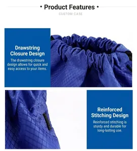 Close-up detail of blue drawstring storage bag showing durable stitching and cord closure mechanism.