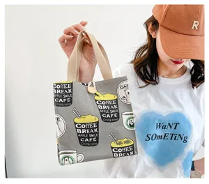 Japanese style canvas tote bag casual portable lunch bag cute coffee print commuter handbag