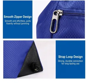 Blue drawstring backpack detail showing smooth metal zipper and reinforced strap loop design.