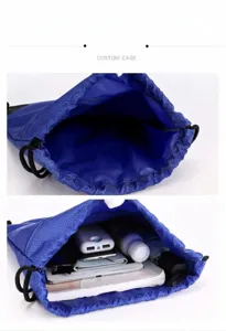 Blue drawstring backpack detail view showing large capacity and internal storage space.