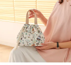Japanese style bento lunch bag with cute Shiba Inu print, waterproof canvas drawstring storage pouch.