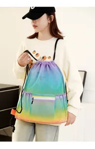 Rainbow mesh drawstring backpack detail, perfect for beach, sports, and outdoor swimming use.