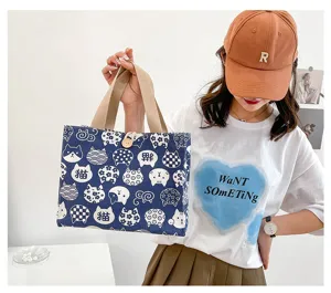 Canvas lunch bag with cute cat print, portable tote handbag for office school work.
