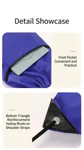 Oxford Stoff Kordelzug Rucksack Vordertasche Detail und Boden Eckenverstärkung Ansicht.