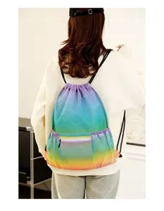 Colorful gradient mesh drawstring backpack, breathable beach gym sport bag for outdoor travel.