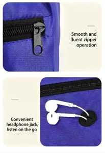Blauer Oxford-Stoff Rucksack Detailansicht mit glattem Reißverschluss und Kopfhöreranschluss.