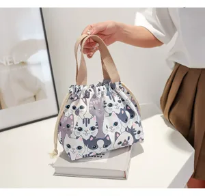 Japanese canvas bento lunch bag cute cat print drawstring waterproof student meal storage pouch
