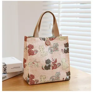 Canvas lunch bag with cute cat print, portable bento tote bag for daily office use and work.