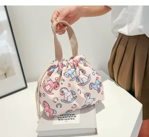 Japanese style cute pink rocking horse print waterproof canvas drawstring bento lunch bag.
