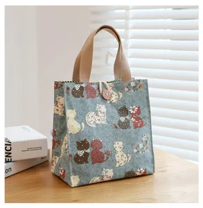 Cute canvas lunch bag with vintage cat pattern, large capacity portable handbag for work.
