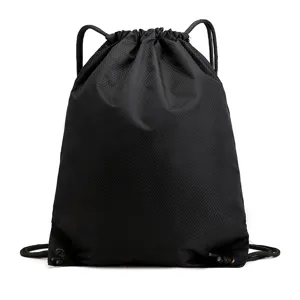 Black nylon drawstring backpack gym sack lightweight sports pack for outdoor running and fitness.