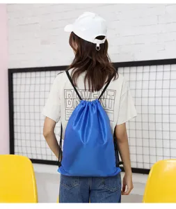 Blue polyester drawstring backpack lightweight cinch sack gym bag for daily travel and sports