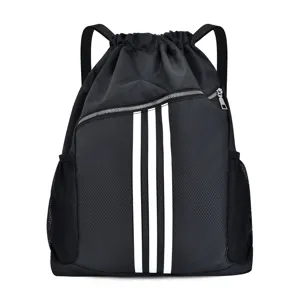 Black drawstring backpack with iconic three stripes, large capacity gym sport training bag.
