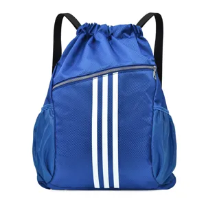 Blue drawstring backpack with front zipper pocket and side mesh pockets for gym sports training.