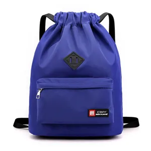 Waterproof blue drawstring backpack with front zipper pocket, lightweight sports bag for gym and travel.