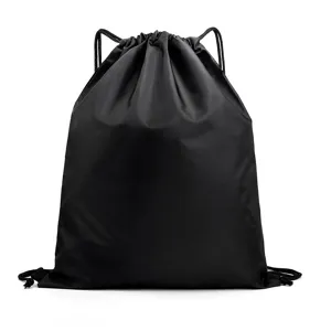 Black polyester drawstring backpack gym sack sports storage bag for daily use and travel