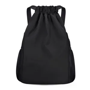 Black drawstring backpack lightweight sport gym bag for men and women front view