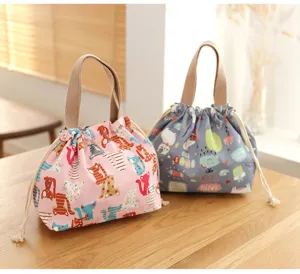 Japanese style waterproof drawstring lunch bag, cute cat print large capacity bento handbag.