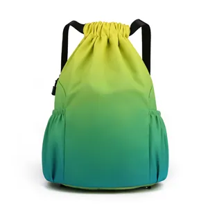 Waterproof drawstring backpack, gradient gym sports sackpack, lightweight nylon travel daypack.