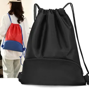 Waterproof drawstring backpack oxford cloth sports gym bag running travel rucksack black