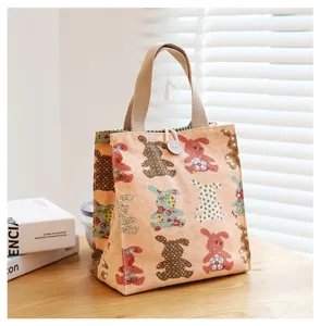 Cute canvas lunch bag with lovely rabbit print pattern, portable bento tote for office work.