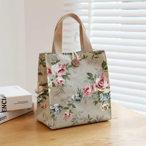 Japanese style floral canvas handbag portable bento bag casual lunch tote for office daily use