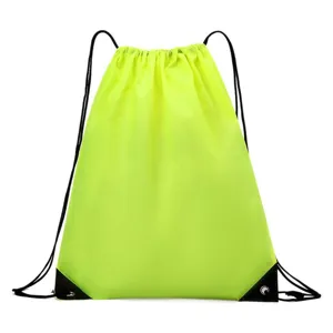 Bright neon yellow drawstring backpack, light 210D polyester cinch bag for sports travel.