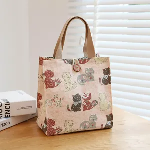 Japanese canvas tote bag cute cat pattern lunch handbag casual office storage pouch