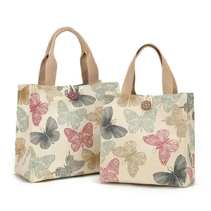 Japanese style canvas lunch bag with vintage butterfly print, cute handbag for women.
