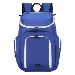 Großer blauer Sport-Rucksack mit mehreren Reißverschlussfächern für Outdoor-Training.
