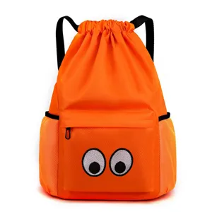 Orange drawstring backpack with funny googly eyes, large capacity waterproof travel cinch bag.