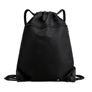 Black waterproof nylon drawstring backpack gym sack with front zipper pocket for outdoor travel