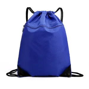 Blue drawstring backpack with front zipper pocket and durable ripstop fabric for daily gym travel