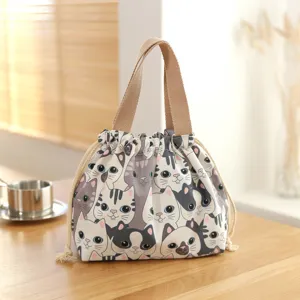 Waterproof Japanese Bento Box Bag Large Capacity Drawstring Lunch Bag Cute Cartoon Print Portable Student Meal Pouch Storage Handbag