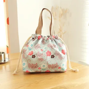 Japanese bento bag drawstring pouch waterproof student lunch bag cute cat print