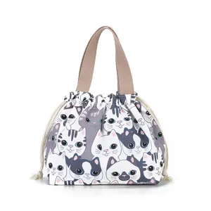 Cute cartoon cat print Japanese bento lunch bag waterproof canvas drawstring handbag
