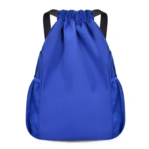 Blue drawstring backpack, large capacity casual sports gym bag and simple travel daypack.